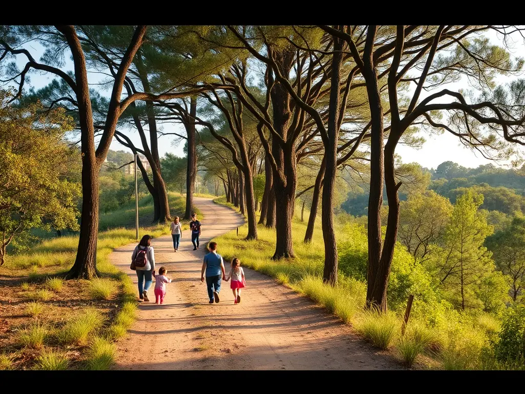 A picturesque image of the Mineola Nature Preserve, showcasing its walking trails and natural beauty, with families enjoying a day outdoors.