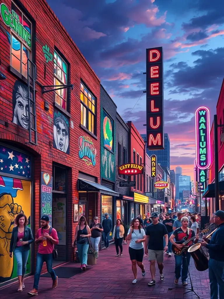 A vibrant image showcasing the lively atmosphere of Deep Ellum, Dallas, with its colorful murals, bustling streets, and live music venues, capturing the essence of its artistic and entertainment scene.
