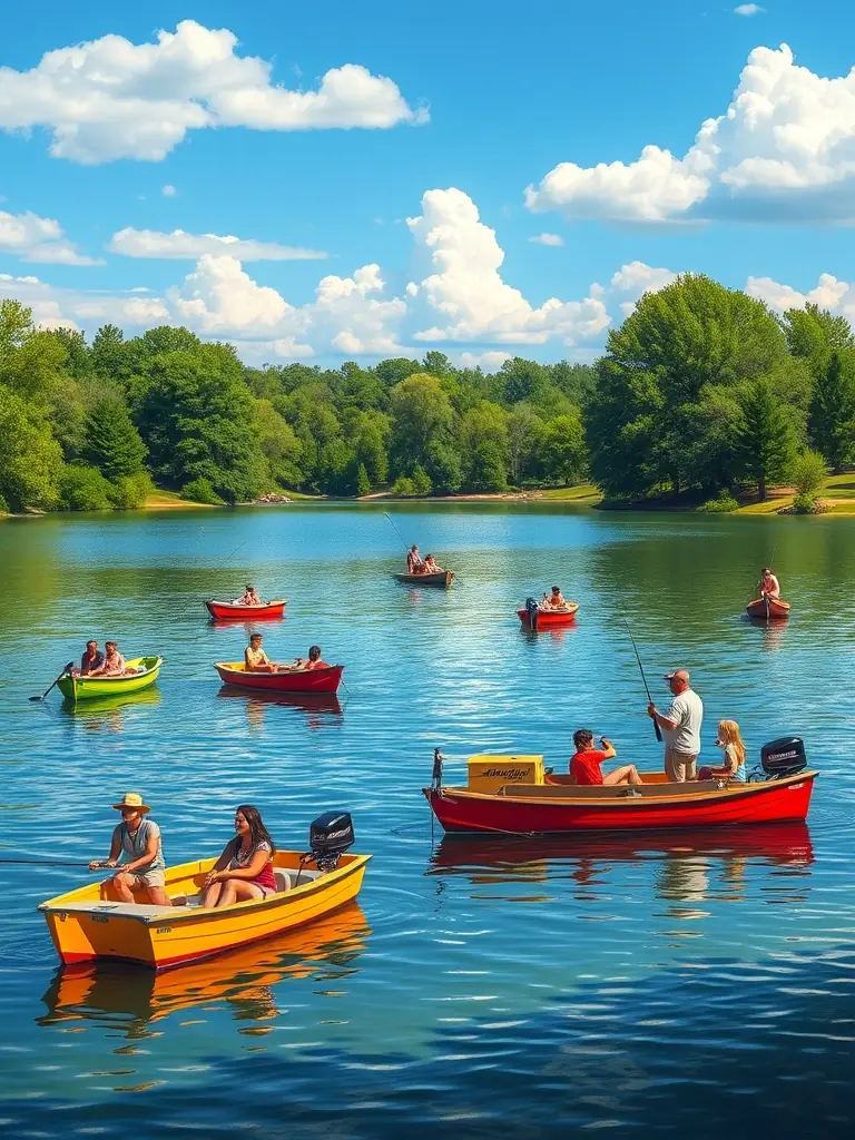 A vibrant image of Lake Cherokee, with people enjoying boating and fishing under a sunny sky. The image should convey a sense of leisure and outdoor fun, highlighting the recreational opportunities available in Longview.