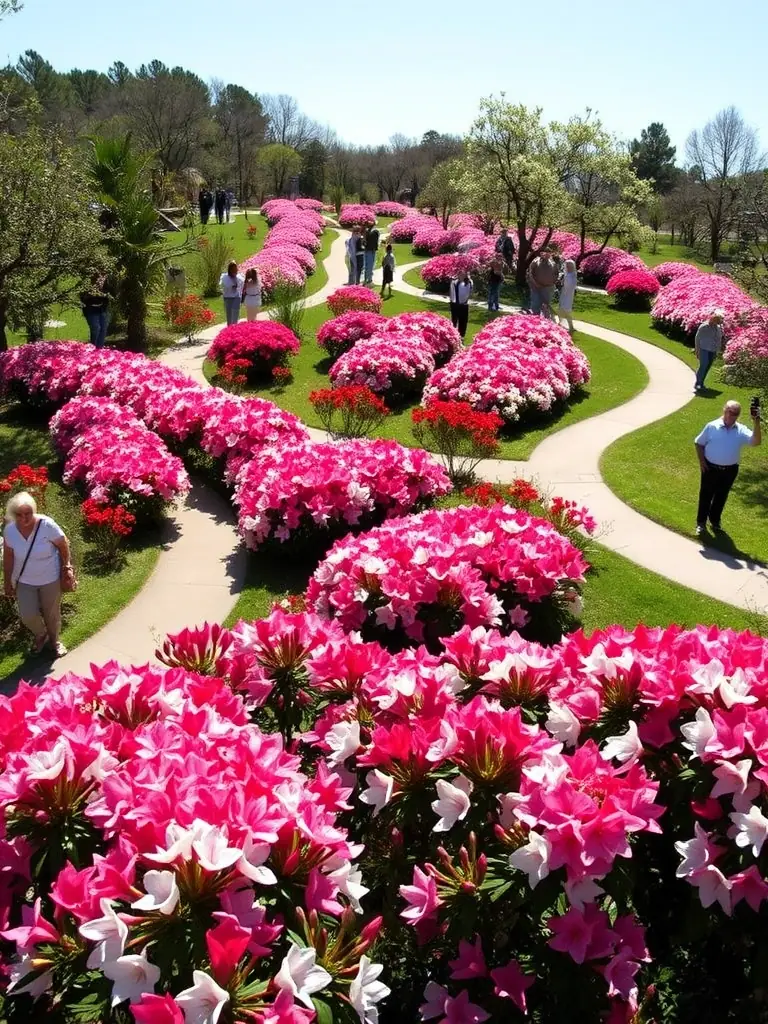 A lively scene from the Azalea Trails, capturing the colorful explosion of azaleas in bloom, with people strolling and enjoying the scenery.