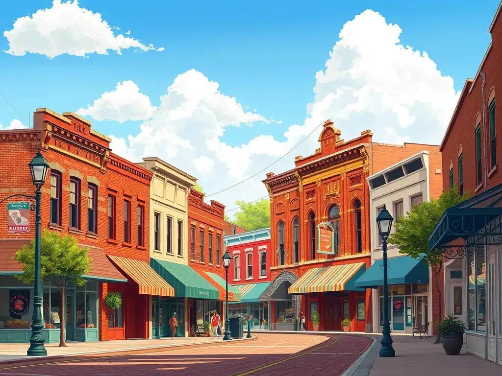 A modern image of downtown Gladewater, Texas, showcasing local shops, restaurants, and the historic charm of the area.
