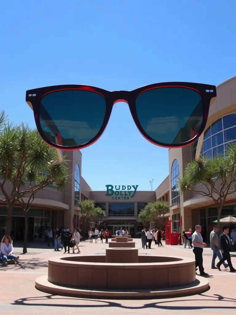 A vibrant photo of the Buddy Holly Center in Lubbock, showcasing its iconic glasses sculpture and the surrounding cultural district, under a bright Texas sky.