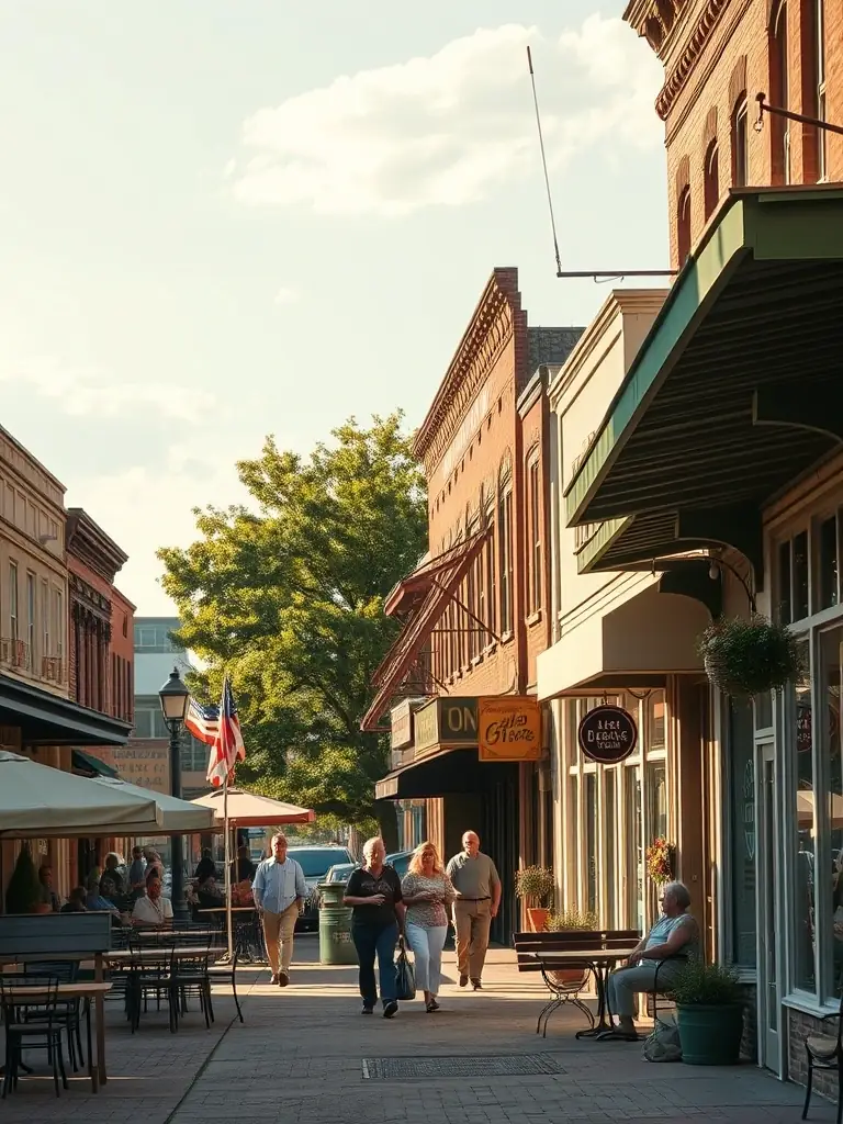 An inviting image of Alba, Texas, emphasizing its antique shops, local eateries, and the welcoming spirit of its residents.