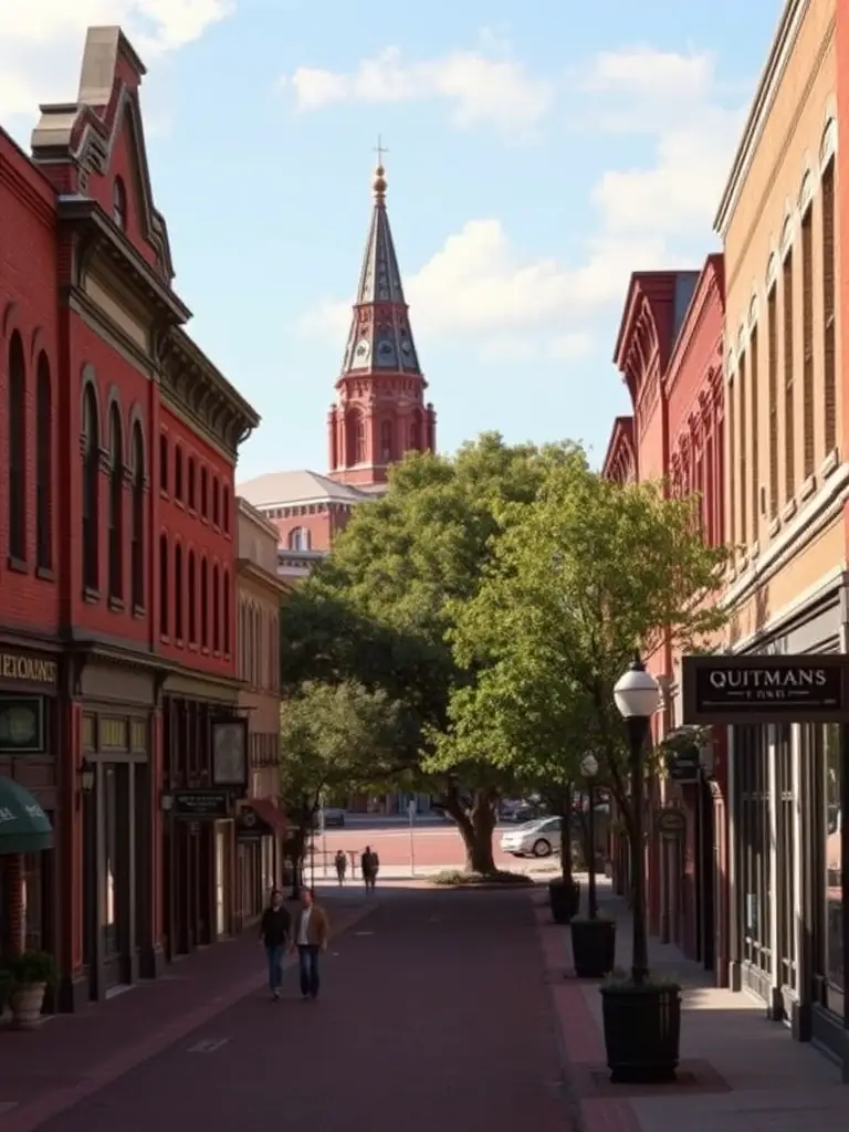 A picturesque image of downtown Quitman, Texas, showcasing its historic buildings and charming small-town atmosphere, with people strolling along the streets.