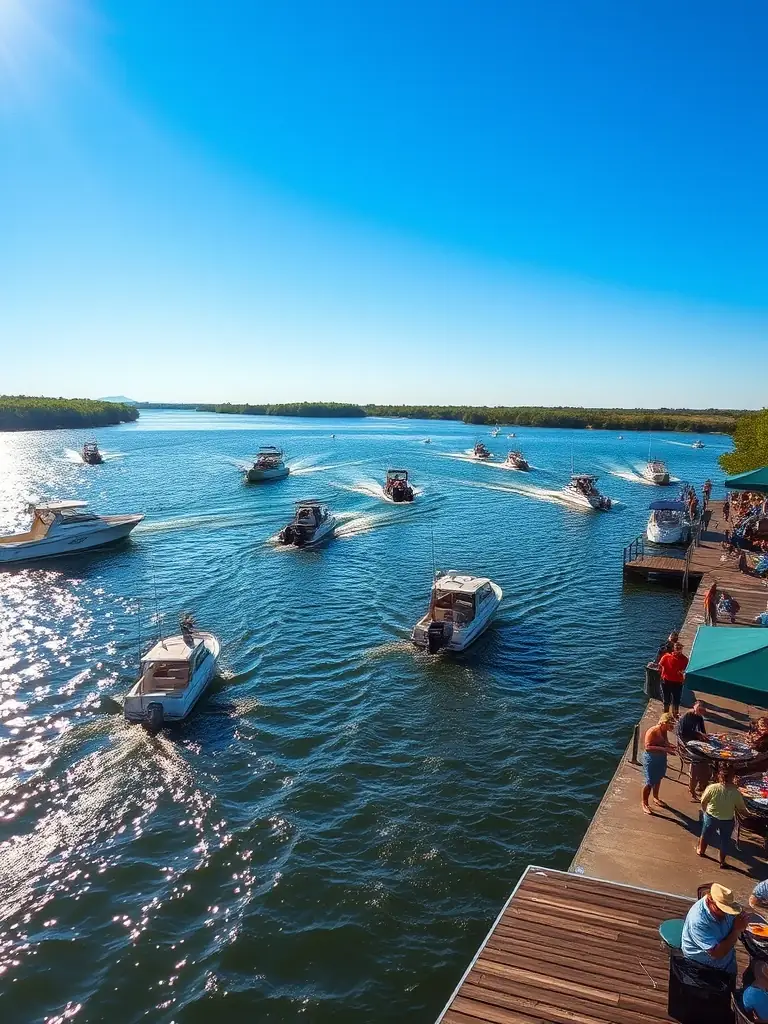 A vibrant photo of Emory, Texas, highlighting its lakeside activities on Lake Fork, such as boating, fishing, and waterfront dining.