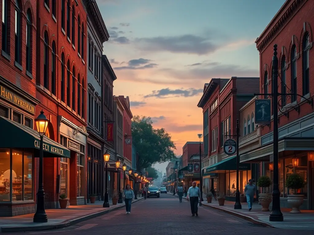 A vibrant photo of downtown Gladewater, highlighting its antique shops and historic buildings, with people strolling along the streets.