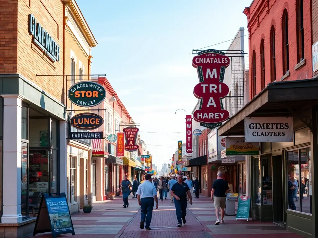 A vibrant street scene in Gladewater, Texas, showcasing antique shops and local businesses, capturing the town's unique character and its reputation as the 'Antique Capital of Texas'.