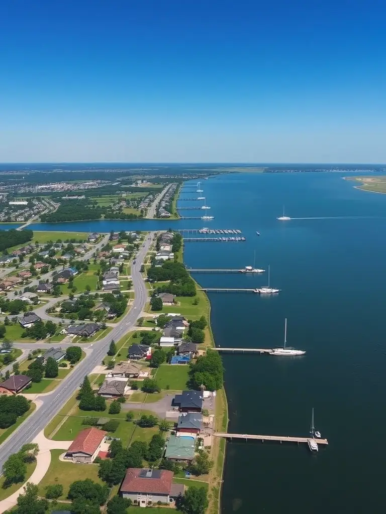 An aerial view of Brownsboro, Texas, highlighting its proximity to Lake Palestine and residential areas with waterfront properties.