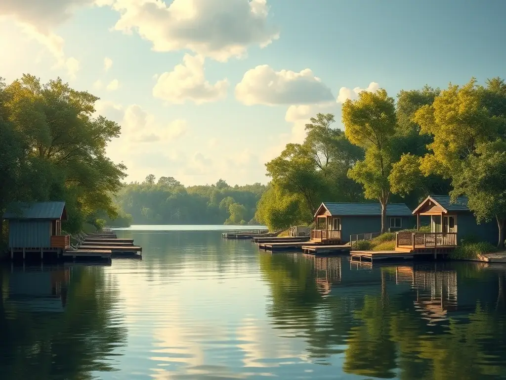 A serene lakeside view in Hawkins, Texas, with cozy waterfront homes nestled among the trees, reflecting the peaceful and nature-oriented lifestyle of the community.