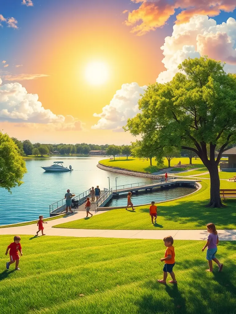 A vibrant photo of Coffee City, Texas, emphasizing its recreational facilities, such as parks and boat ramps, catering to outdoor enthusiasts.