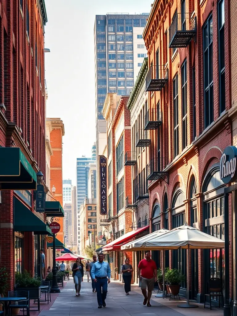 A picturesque scene of Bishop Arts District in Dallas, highlighting its historic buildings, boutique shops, and cozy cafes, illustrating its unique blend of charm and modernity.