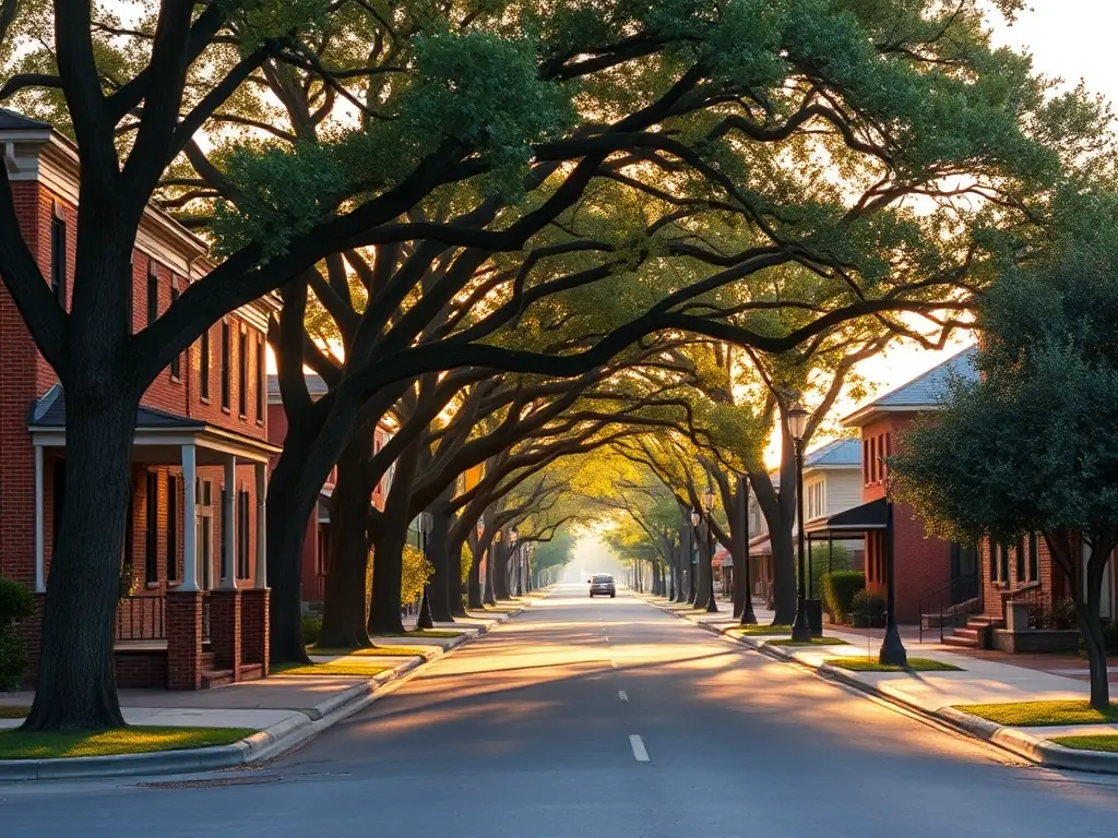 A picturesque street in Mineola, Texas, lined with charming historic homes and mature trees, bathed in the warm glow of a late afternoon sun, showcasing the town's welcoming atmosphere.