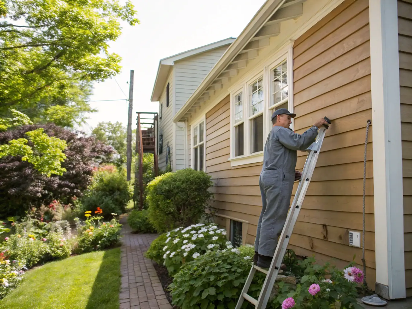 A property manager inspecting a rental property with tenants nearby.