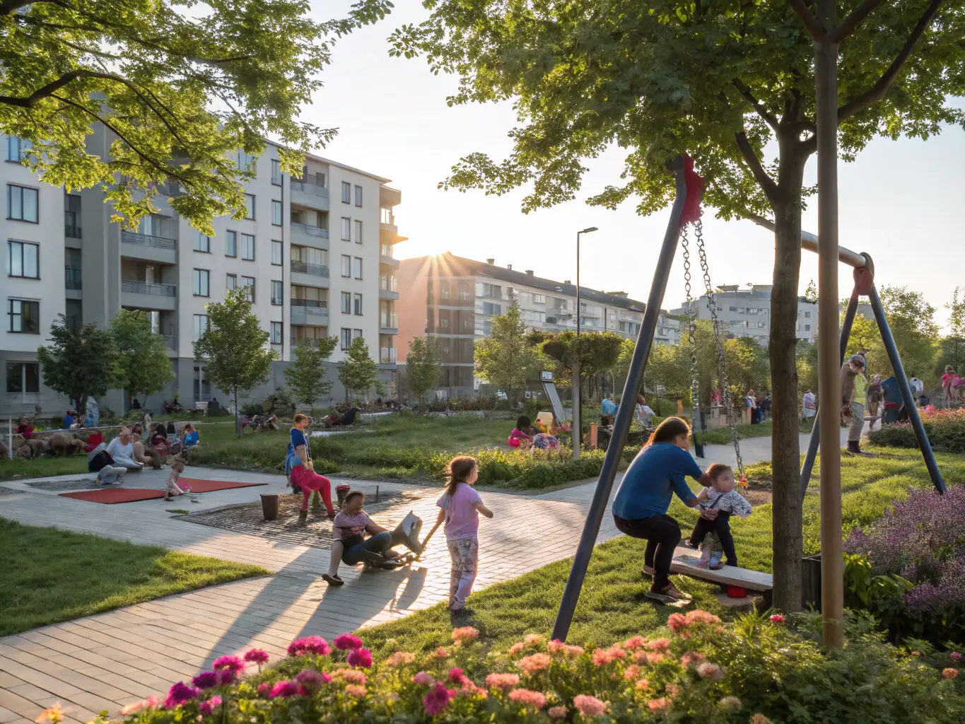 A picturesque image of families enjoying a sunny afternoon at a local park in Lindale, emphasizing the town's family-friendly atmosphere. Children are playing, parents are relaxing, and the overall scene is one of happiness and community.