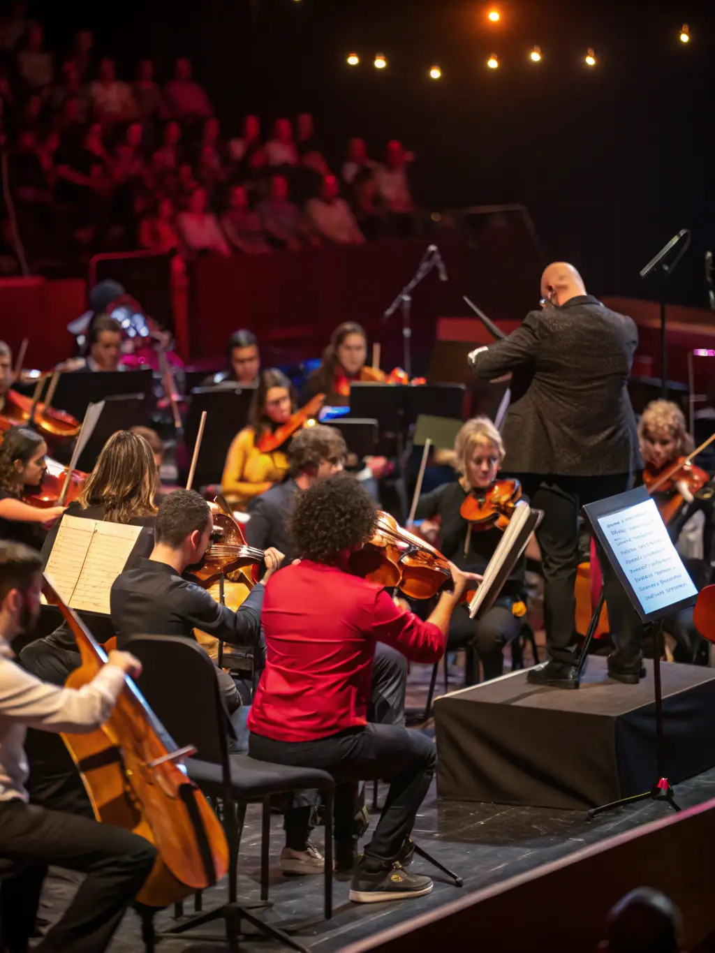 A captivating image of a performance at the Longview Symphony Orchestra, with musicians playing and an audience enjoying the music. The image should convey a sense of culture and sophistication, highlighting the artistic offerings of Longview.