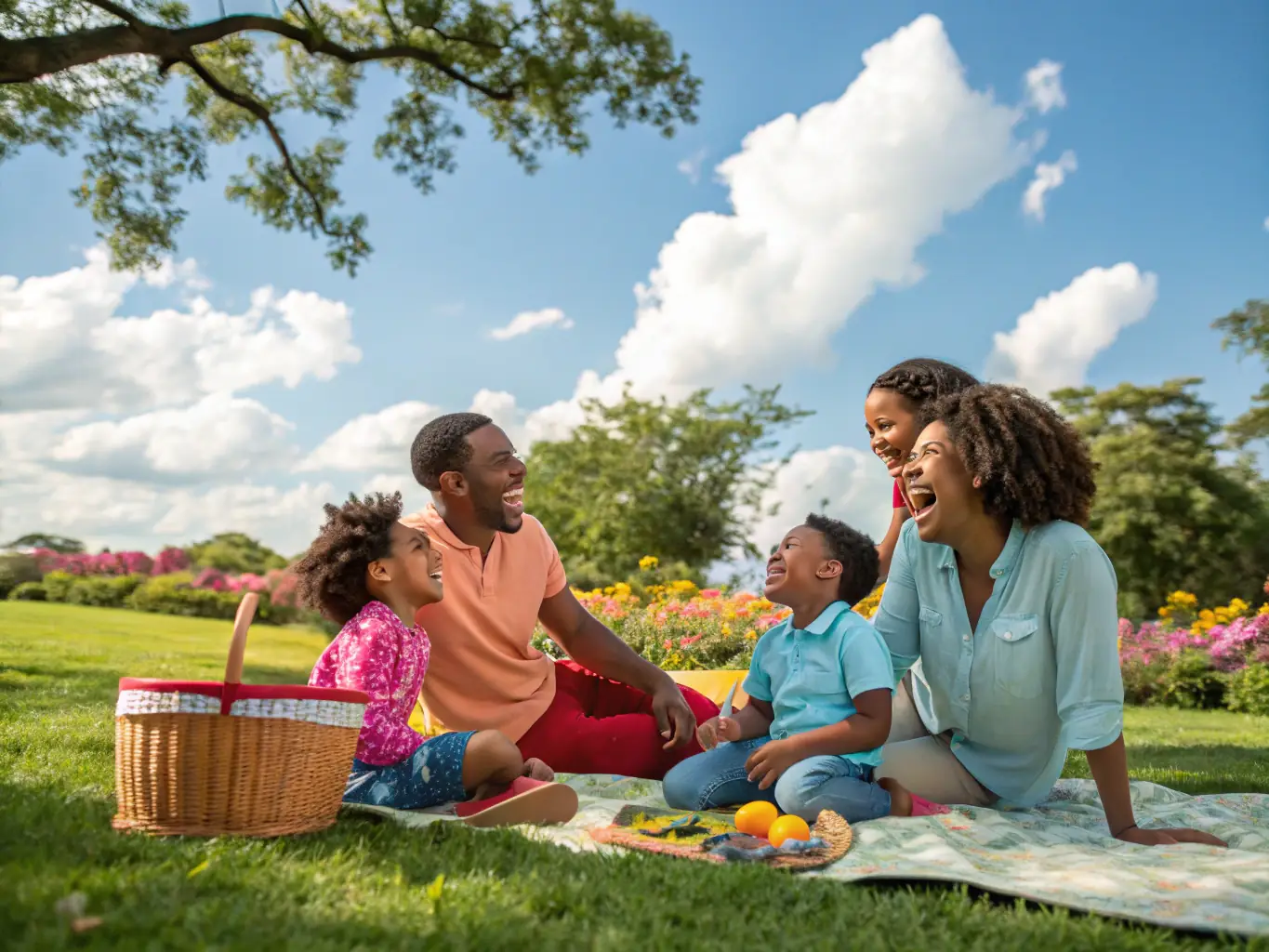A picturesque image of a family enjoying a picnic in a local park in Mineola, Texas, showcasing the community and outdoor lifestyle.