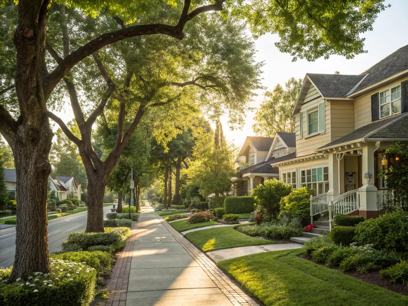 A picturesque suburban street in Longview, Texas, lined with well-maintained homes and lush green lawns, bathed in the warm glow of a late afternoon sun, showcasing a family-friendly neighborhood.