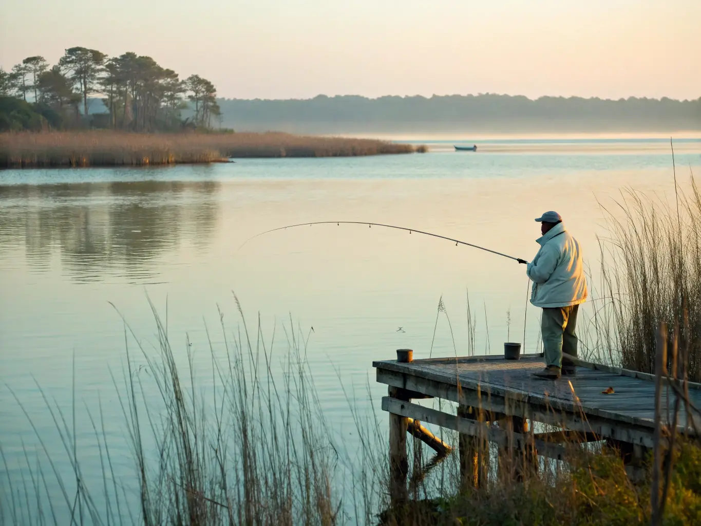 A scenic shot of anglers fishing on Lake Palestine at sunset, with the warm glow of the setting sun reflecting on the calm water.