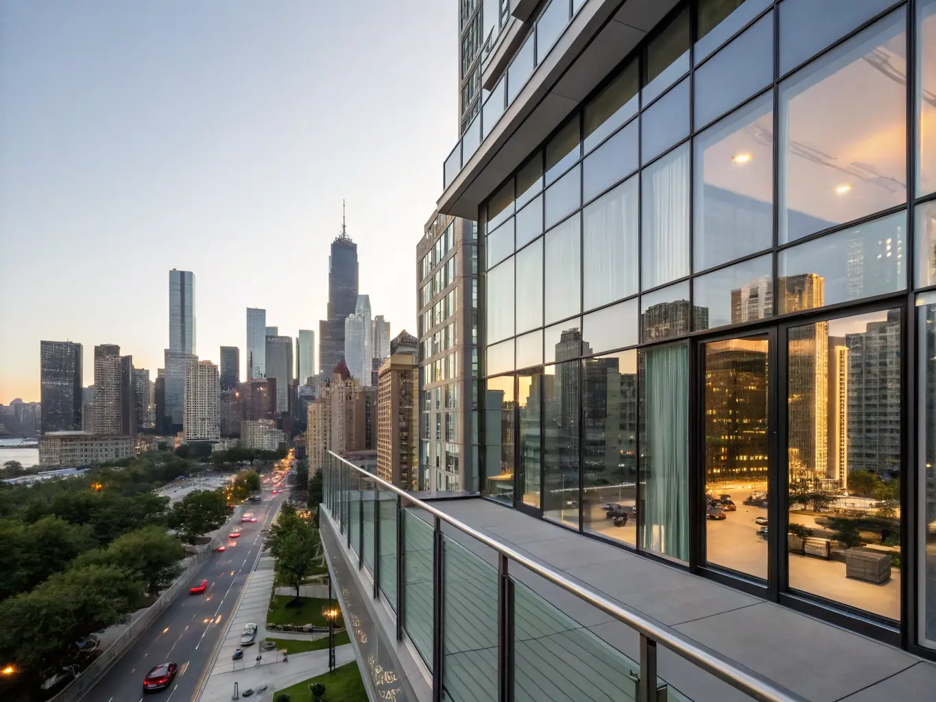 A sleek, modern condo building in downtown Austin, Texas, with floor-to-ceiling windows offering stunning city views. The image should convey luxury and urban living.
