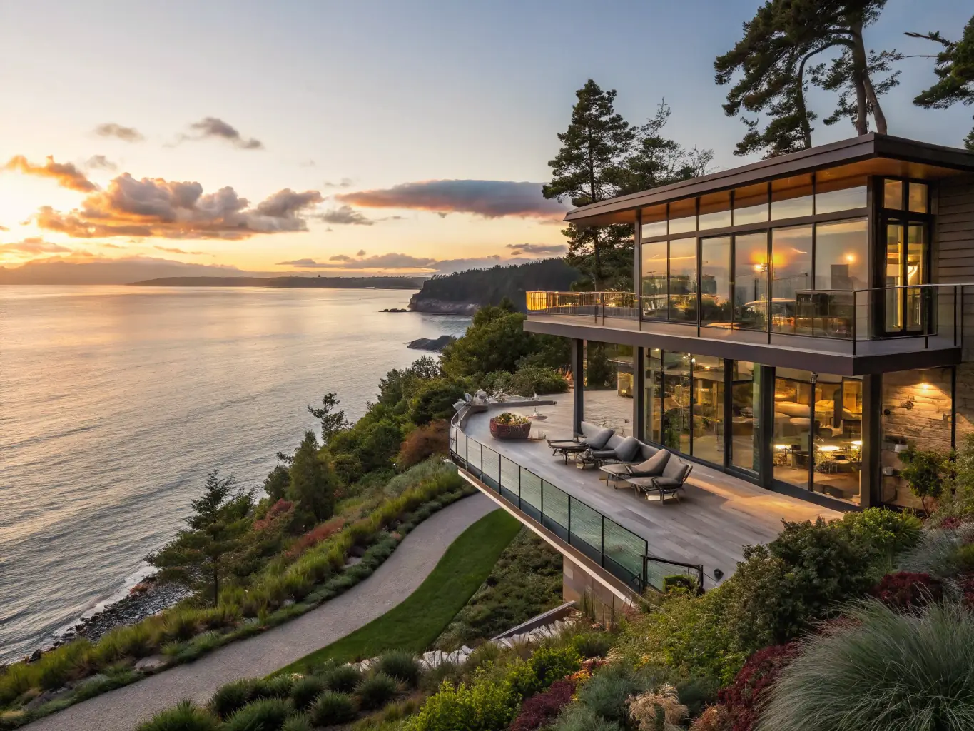 A luxurious waterfront property with a private dock and stunning views of a serene lake at sunset.