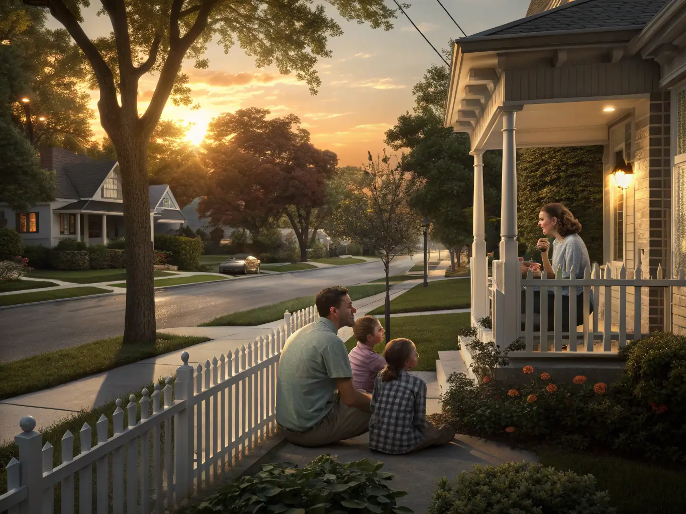 A serene image of a tree-lined street in a Bullard or Whitehouse neighborhood, with well-maintained homes and children playing safely, representing the peaceful and family-friendly atmosphere.