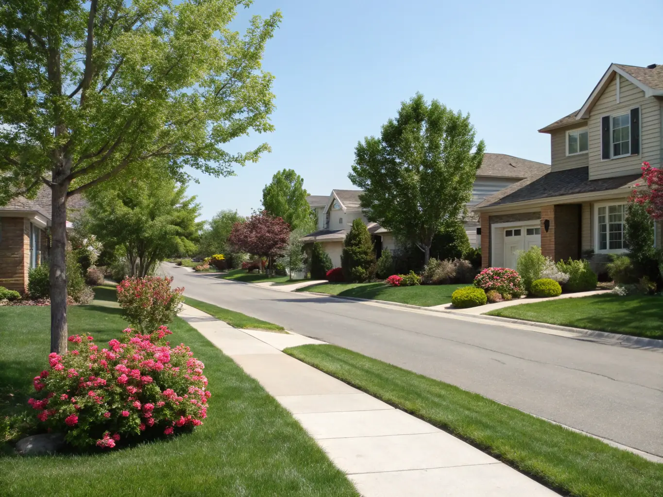 A picturesque street scene in the heart of Bullard, Texas, showcasing well-maintained homes with lush green lawns and mature trees, embodying the town's friendly and welcoming atmosphere.