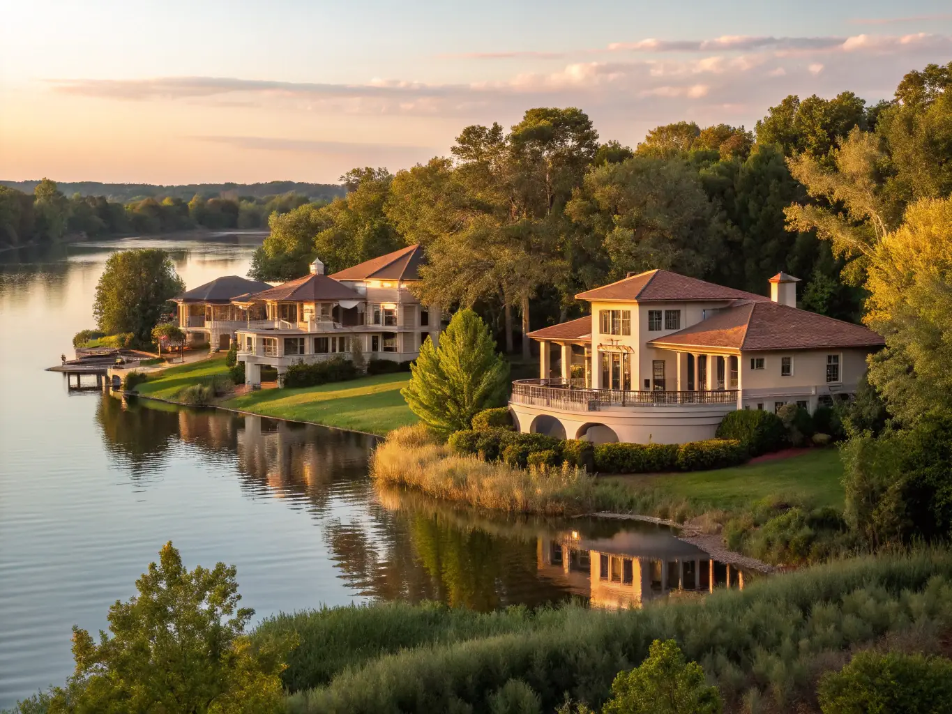 A serene, golden hour shot of homes in the Lakeridge neighborhood of Lubbock, set against the backdrop of a tranquil lake, emphasizing the area's upscale residential appeal and scenic beauty.