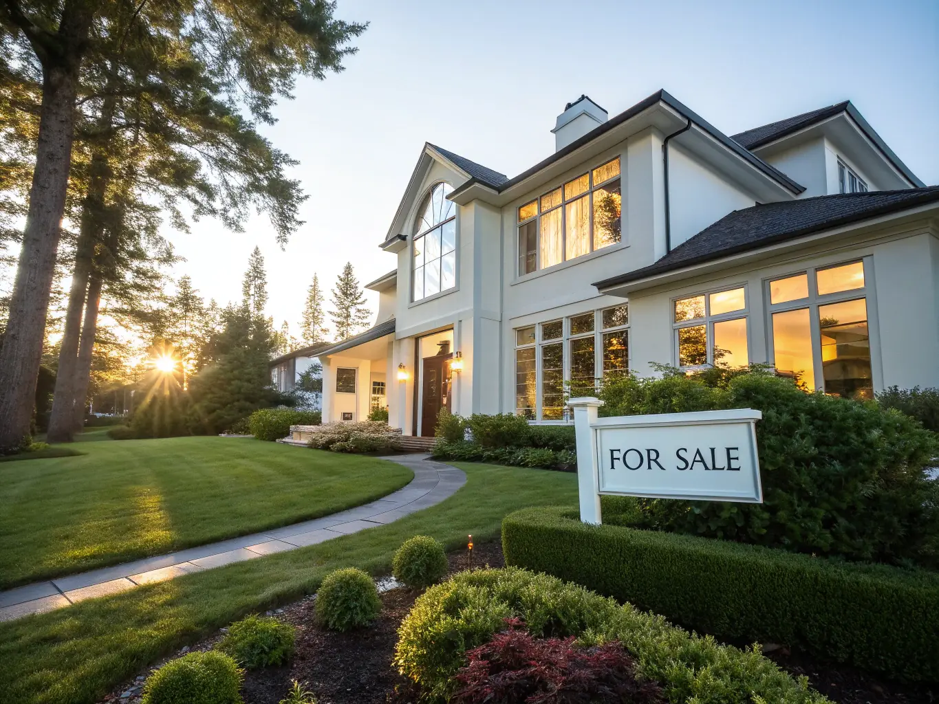 A modern, newly constructed single-family home in a suburban neighborhood, showcasing a well-manicured lawn and a 'For Sale' sign.