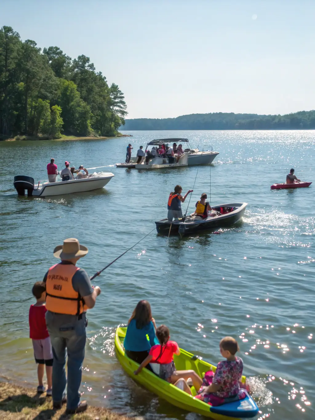 A serene image of Lake Tyler, with boats sailing and people enjoying water sports, highlighting the recreational opportunities available.