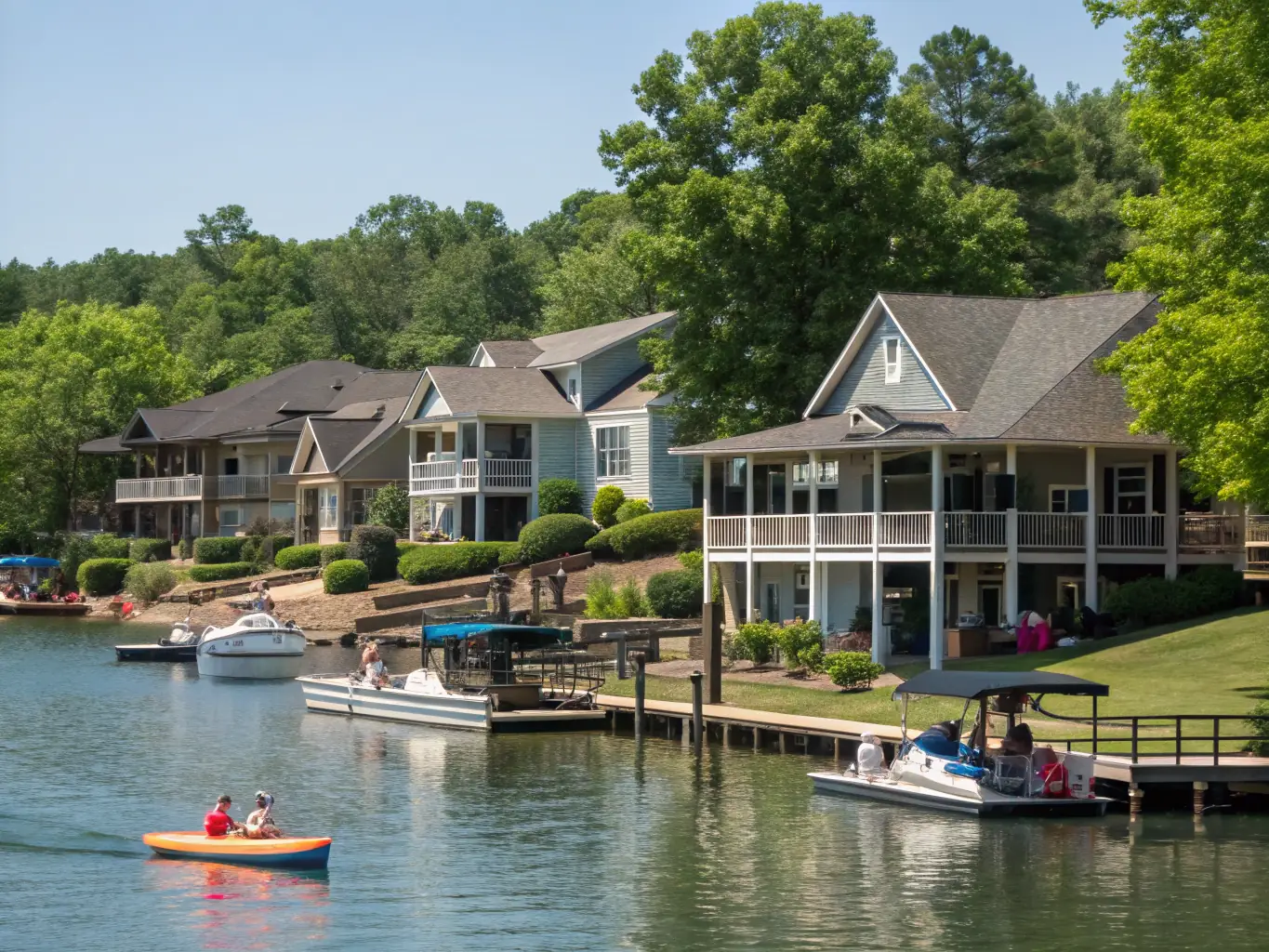 A serene lakeside view in Longview, Texas, with luxurious waterfront homes nestled among mature trees and manicured gardens, reflecting the calm waters under a clear blue sky, showcasing a peaceful retreat.