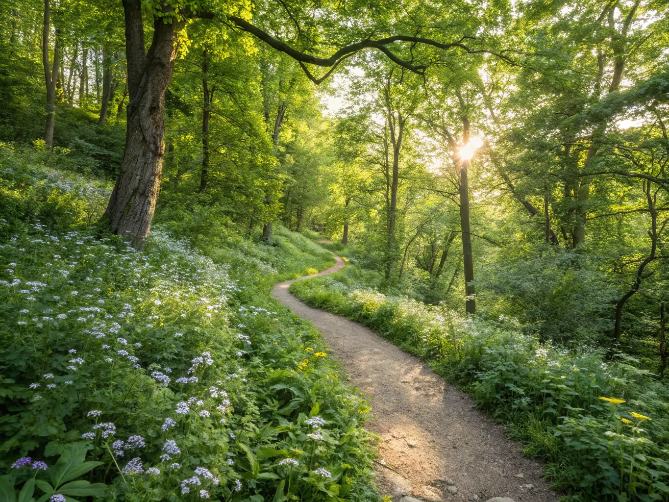A picturesque image of a hiking trail winding through the woods near Lake Palestine, showcasing the natural beauty of the area.