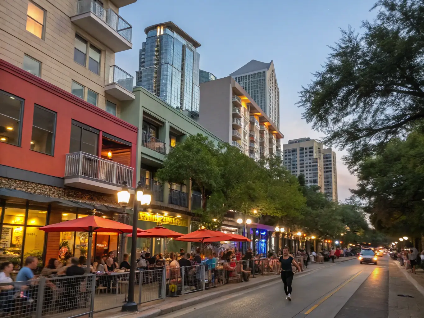 A lively street scene in downtown Longview, Texas, featuring trendy cafes, boutique shops, and modern apartments, bustling with activity during a sunny day, showcasing an urban lifestyle.
