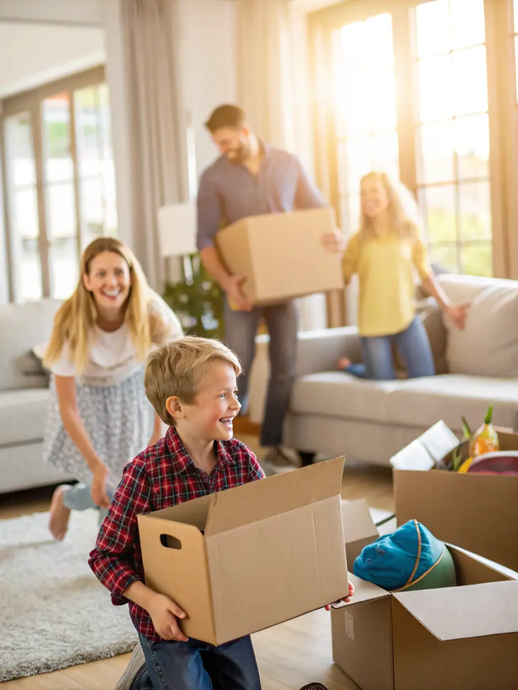 A family being greeted at the entrance of a new home, representing the relocation assistance services offered by Your Home Stop.