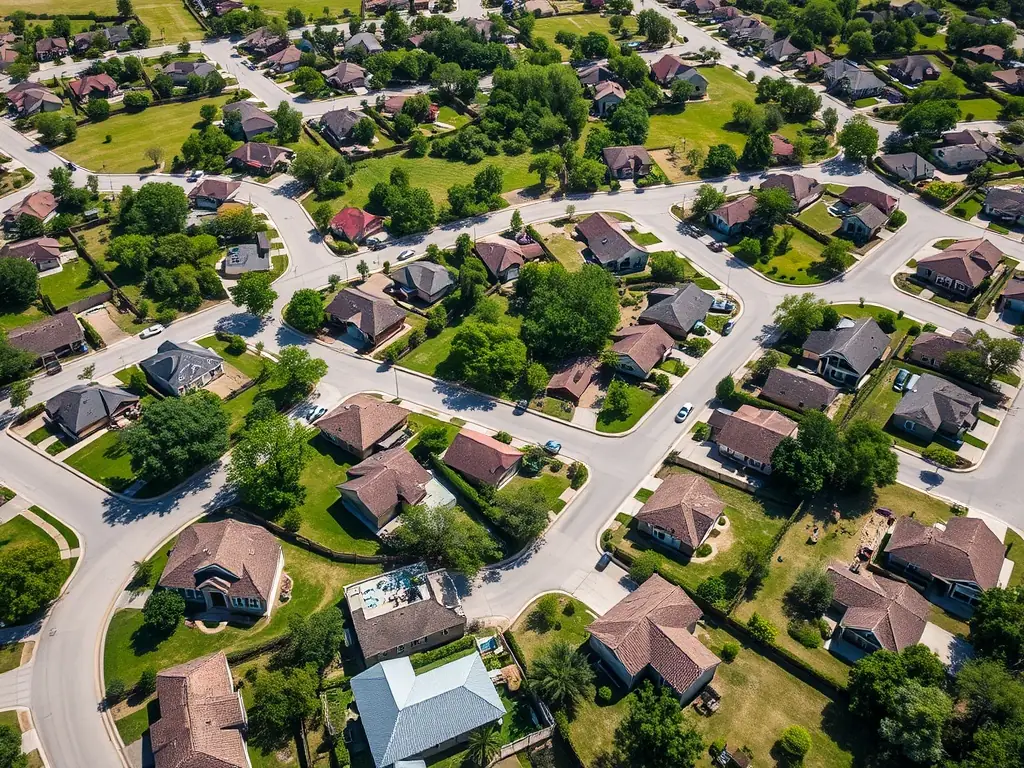 A modern, aerial view of Cooper North in Lubbock, highlighting the spacious layout of the residential area with well-manicured lawns and community parks, reflecting a family-oriented environment.