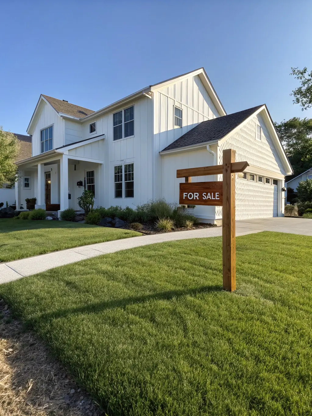A modern home exterior with a 'For Sale' sign, showcasing the buying services offered by Your Home Stop in Texas.