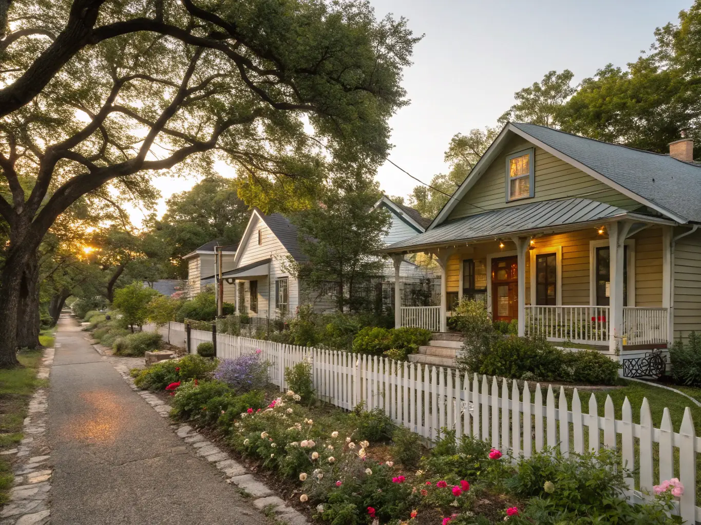 A picturesque, sunlit street scene in the Azalea District of Tyler, Texas, showcasing historic homes with blooming azaleas in the front yards, capturing the neighborhood's charm and vibrant community atmosphere.