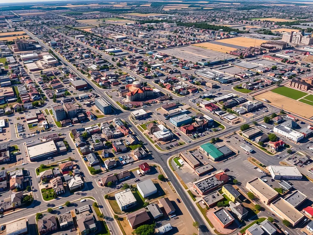 A picturesque, sunny street view in Tech Terrace, Lubbock, showcasing well-maintained homes with mature trees lining the sidewalks, embodying a classic, established neighborhood feel.