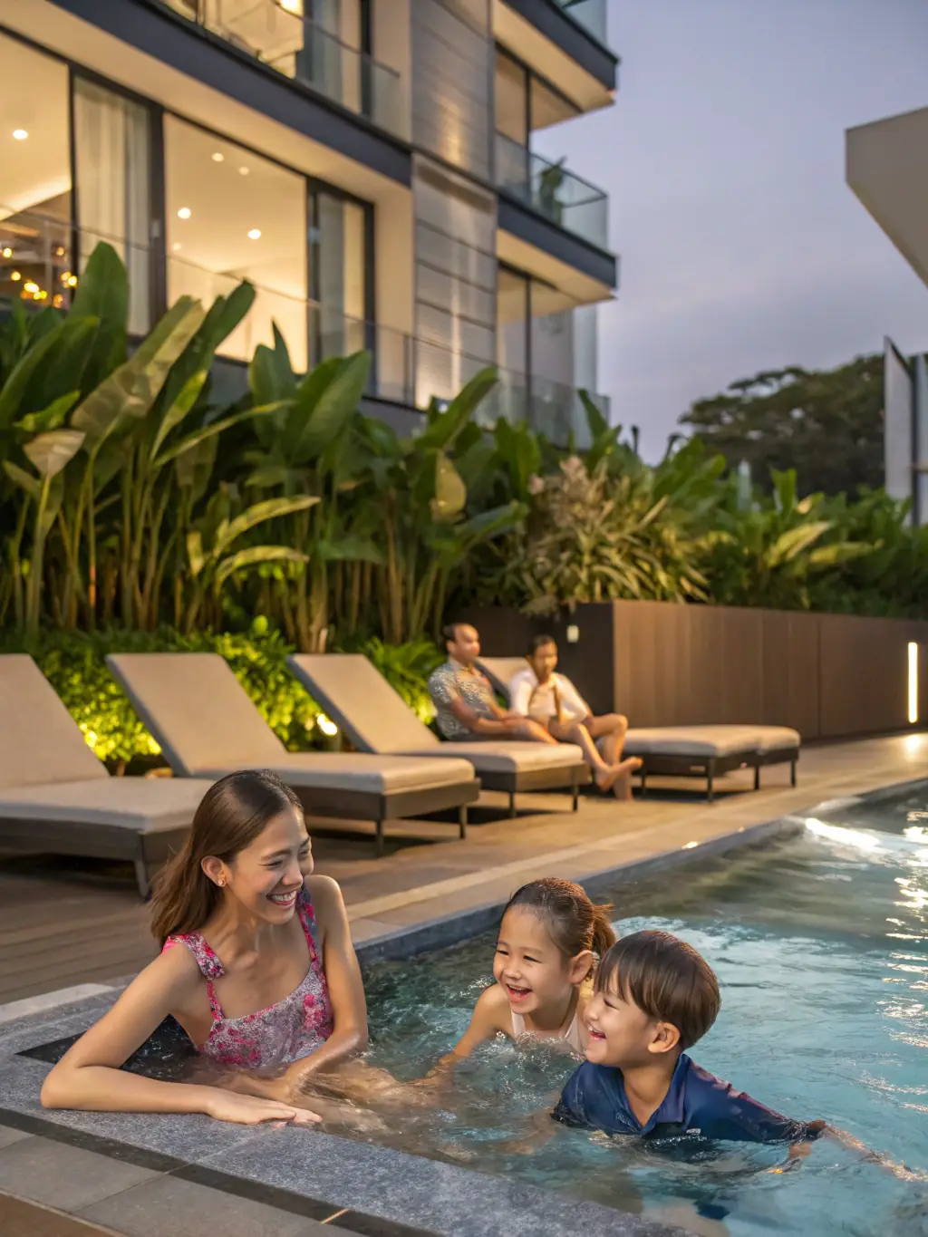 A serene image of a family enjoying the community pool and recreational area, capturing the essence of family-friendly living in Hollytree.