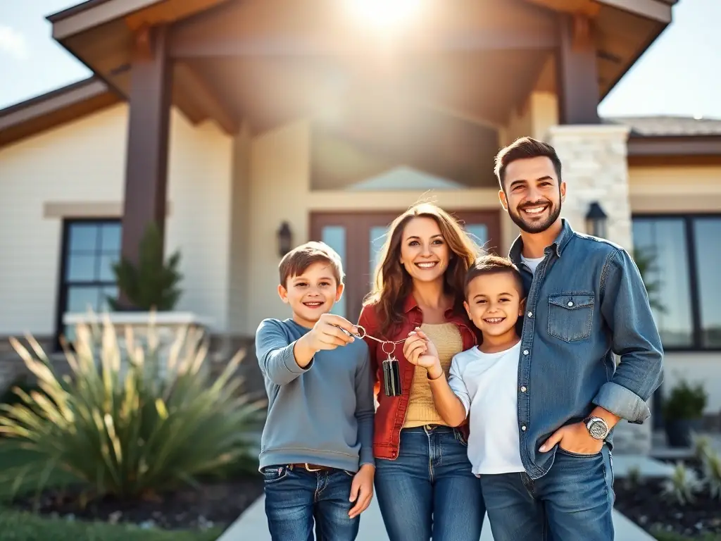 A happy family receiving keys to their new Texas home, symbolizing successful home buying.