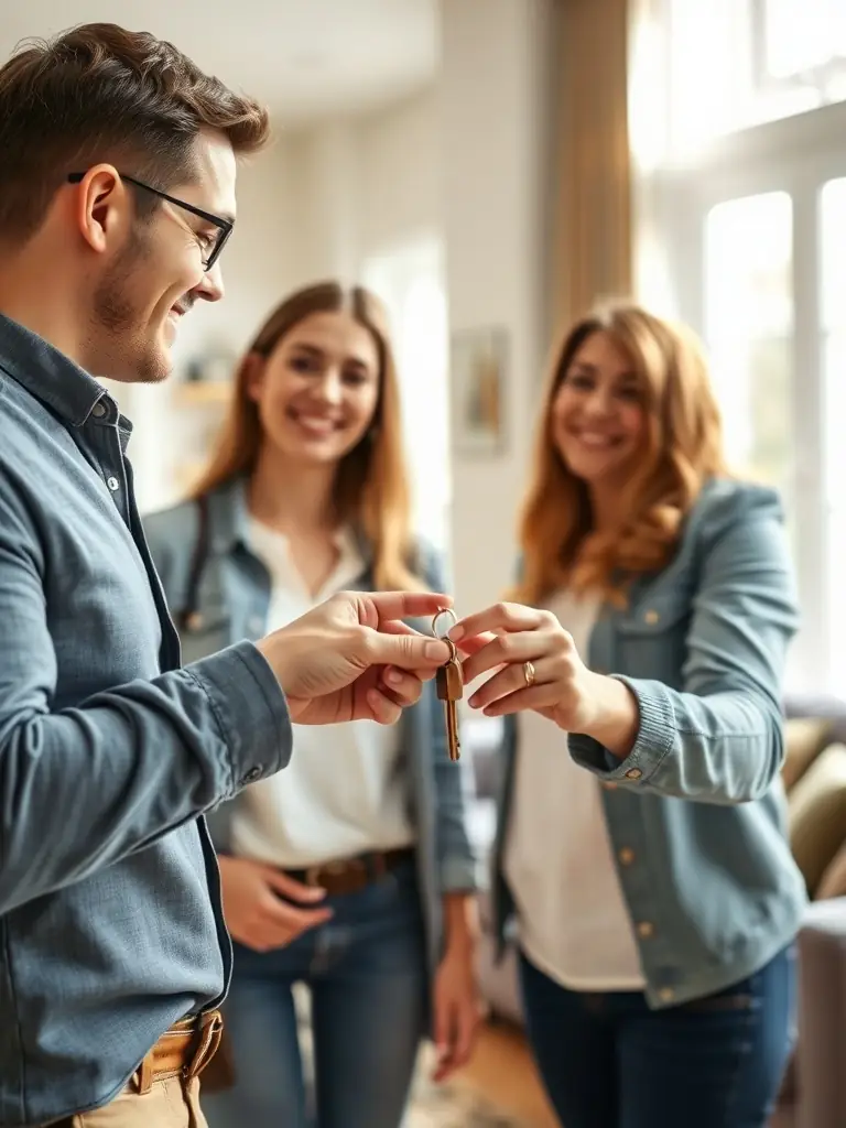 A friendly real estate agent handing over keys to a smiling couple in front of a beautiful Texas home, symbolizing the personalized service Your Home Stop provides.