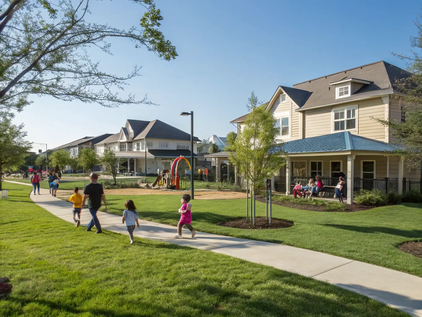 A vibrant, family-friendly scene in the Hollytree neighborhood of Tyler, Texas, featuring children playing in a park with modern homes and lush greenery in the background, emphasizing the community's active and welcoming atmosphere.