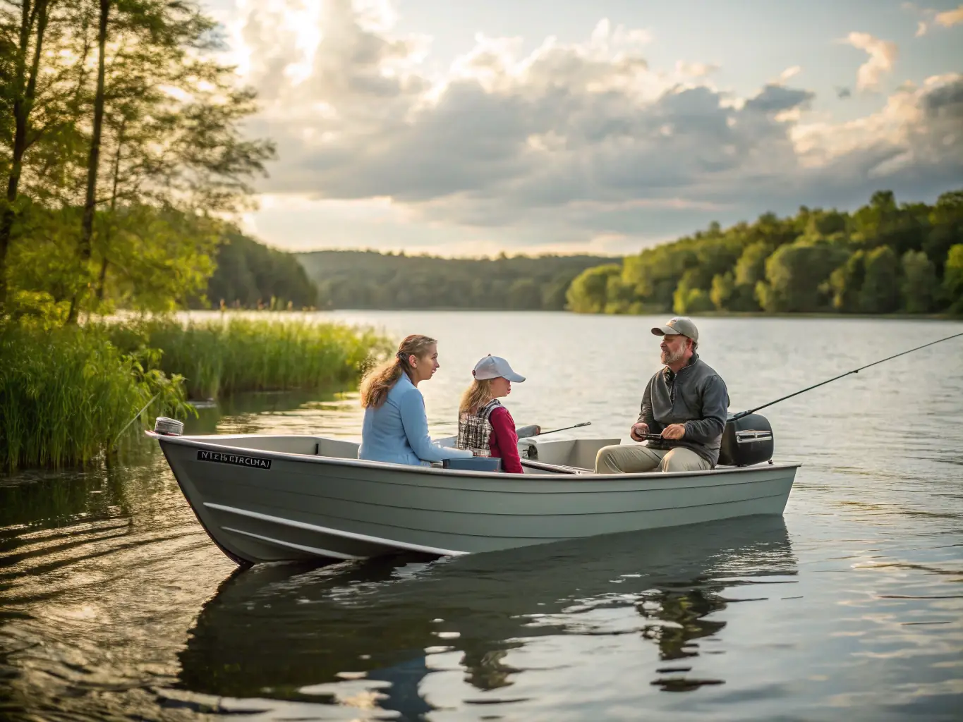 A vibrant photograph capturing a family enjoying a sunny day boating on Lake Palestine, with clear blue skies and lush green trees lining the shore.