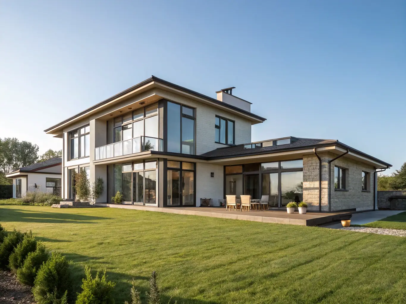 A modern, upscale home in a Lindale subdivision, featuring a beautifully landscaped yard, a private swimming pool, and an outdoor entertainment area, representing luxury living in Lindale.