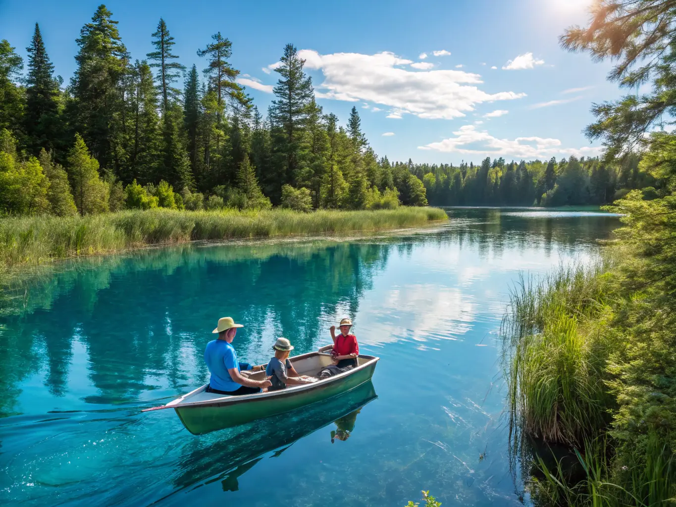 A family enjoying a day of fishing on Lake Fork, with one person reeling in a fish. The background shows the lush greenery surrounding the lake, emphasizing the recreational opportunities.