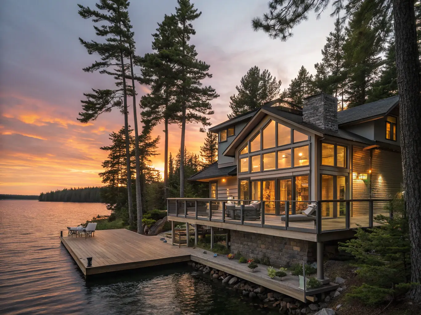 A picturesque view of a modern lake house with a private dock extending into the calm waters of Lake Fork at sunset. The image should convey a sense of luxury and peaceful waterfront living.